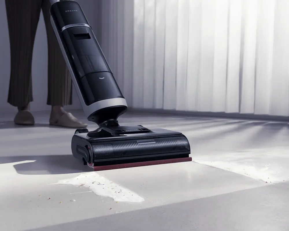 A cordless upright vacuum cleaner on a hard floor